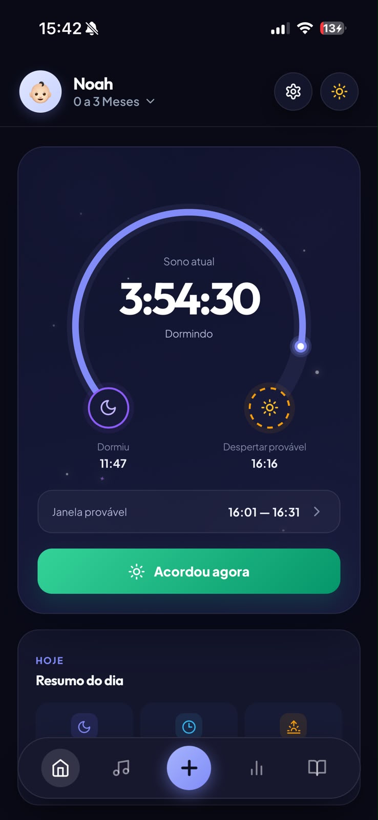 Tela inicial do aplicativo Soninho Certo mostrando o acompanhamento do sono