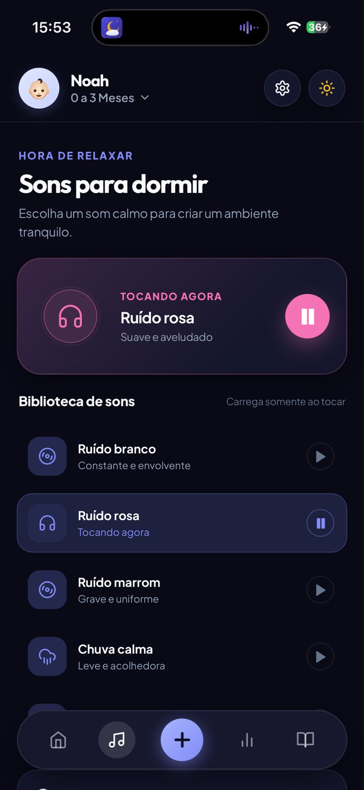 Tela de sons relaxantes do aplicativo Soninho Certo