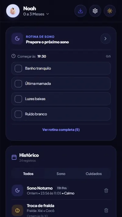 Demonstração da rotina do sono personalizada no aplicativo